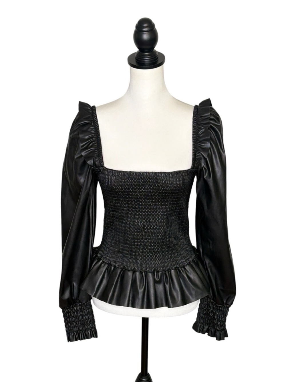 7 FOR ALL MANKIND Faux Leather Smocked Peplum Top • Size M • Black - Picture 3 of 10